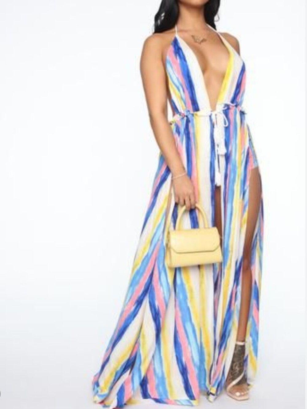 Fashion Nova Multicolor Striped Plunge Halter Maxi Dress